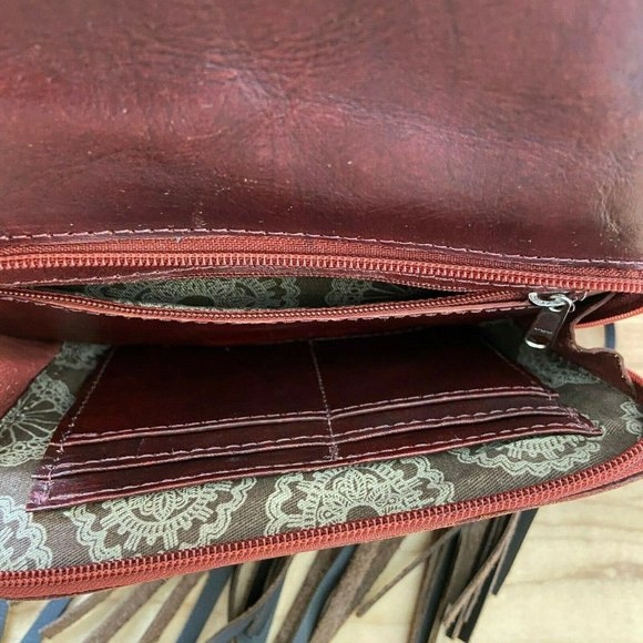 American West Leather Crossbody Handbag Fringe Western Burgundy Studded - Picture 4 of 12